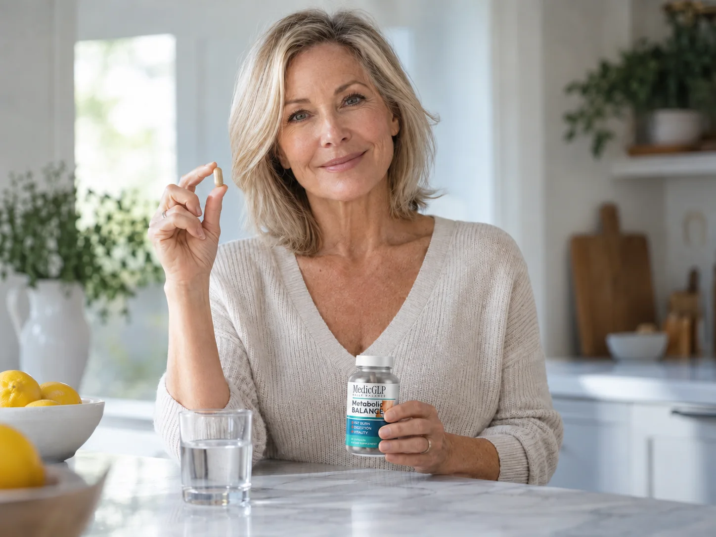 Mature woman holding a capsule and MedicGLP bottle as part of a daily routine